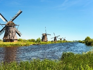 River, grass, Windmills