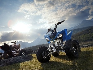 grass, boulders, Two cars, Sky, Quady