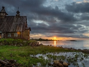 sun, grass, lake, Ukraine, west, wooden, Church