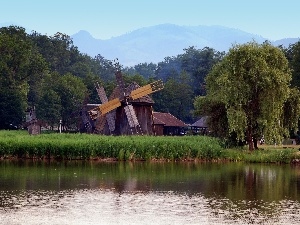 grass, viewes, River, Windmills, trees