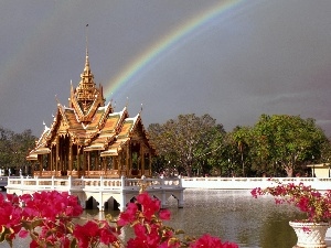 Great Rainbows, water, arbour, Flowers, an