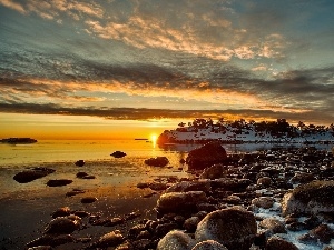 Great Sunsets, snow, lake, Stones