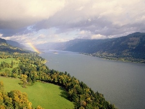 Great Rainbows, woods, Mountains, River