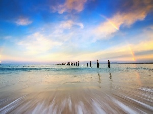 Great Rainbows, sea, west, Pale, sun