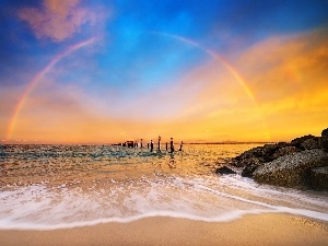 Pale, Great Rainbows, sea, west, Stones, sun