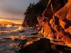 Great Sunsets, cliff, sea, Waves