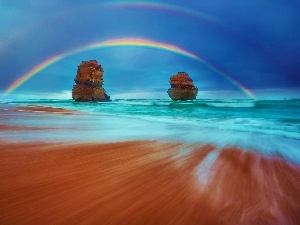 Great Rainbows, sea, rocks