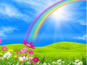 Great Rainbows, Flowers, Sky, Meadow