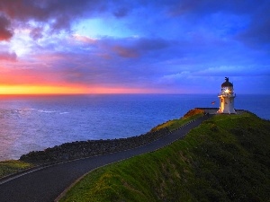 Great Sunsets, sea, Way, Lighthouses