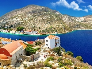 Greece, Mountains, Houses, sea