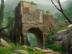 rocks, green, ruins