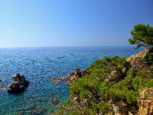 green, ruins, sea, rocks