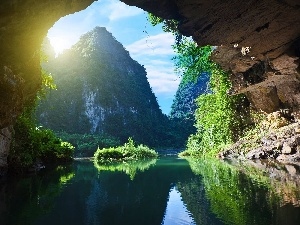 green, rocks, cave, Wietnam, River