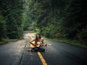 Guitar, Women, forest, Way