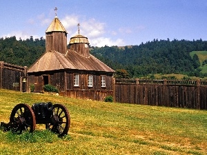 gun, forest, church, Mountains