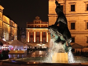 town hall, fountain, old town, Night, Pozna?