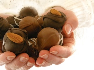 almonds, hands, Chocolates