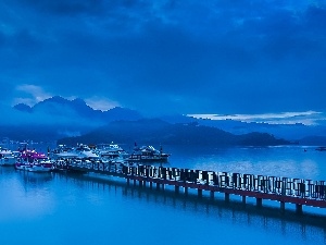 Harbour, Platform, Mountains, Boats, Fog