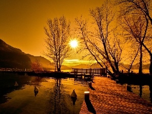 viewes, Harbour, lake, west, trees, sun, pier