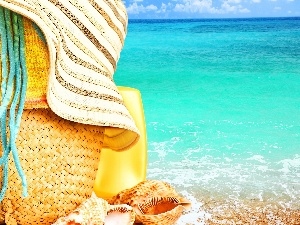 Hat, basket, sea, Beaches, Shells