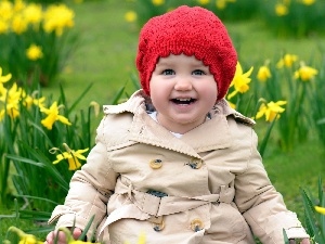 Hat, red hot, Kid, Daffodils, girl