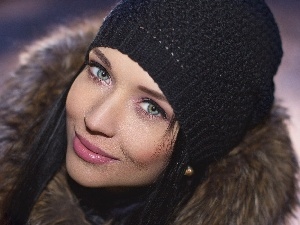 coat, Hat, make-up, girl, Winter, Smile, delicate