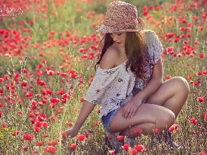 Hat, girl, Meadow, papavers