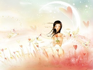 heart, Flowers, Women, imagination, Meadow