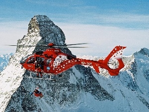 Helicopter, peaks, Mountains, winter, Snowy