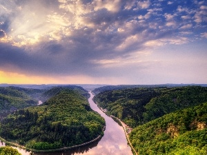 The Hills, trees, viewes, winding, clouds, River