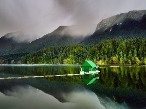 Home, Fog, lake, Mountains