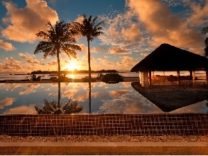 Home, west, sun, clouds, reflection, sea