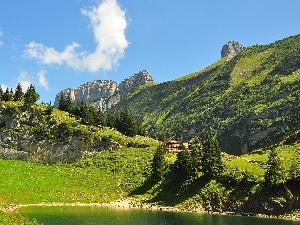 Home, lake, Swiss, Mountains