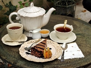 Cake, honey, milk, porcelain, piece, service, tea