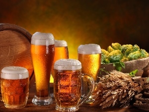 hop, barrel, cones, Beer, barley, Mugs