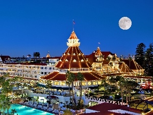 Hotel hall, moon, Floodlit