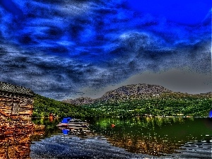 House, lake, clouds, Mountains