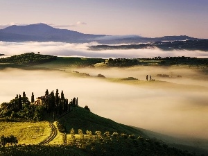 Fog, house, Mountains