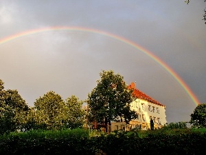 house, viewes, Great Rainbows, trees