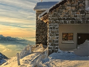 House, snow, winter, rays, Mountains