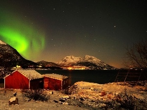 house, Mountains, dawn, winter, Polaris