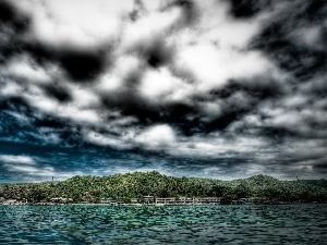 Houses, Coast, clouds, beach, sea