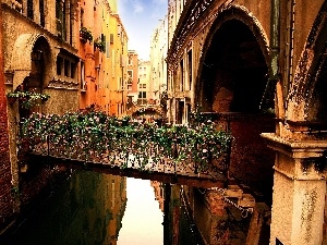 Houses, canal, bridges, Flowers