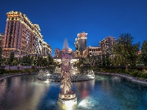 fountain, Houses, Hotels, Las Vegas, Statue monument, buildings