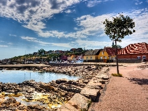 Houses, Coast, sea, clouds, stony