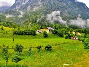 Houses, field, Mountains, Fog, woods