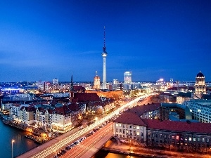 Germany, Houses, Churches, River, Berlin, Bridges, tower