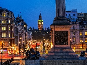Monument, Houses, Street, Big Ben, Night, London