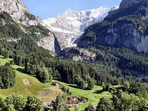 Houses, Valley, Mountains, forest