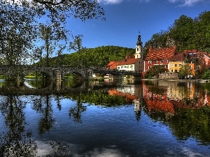 Houses, Church, River, bridge